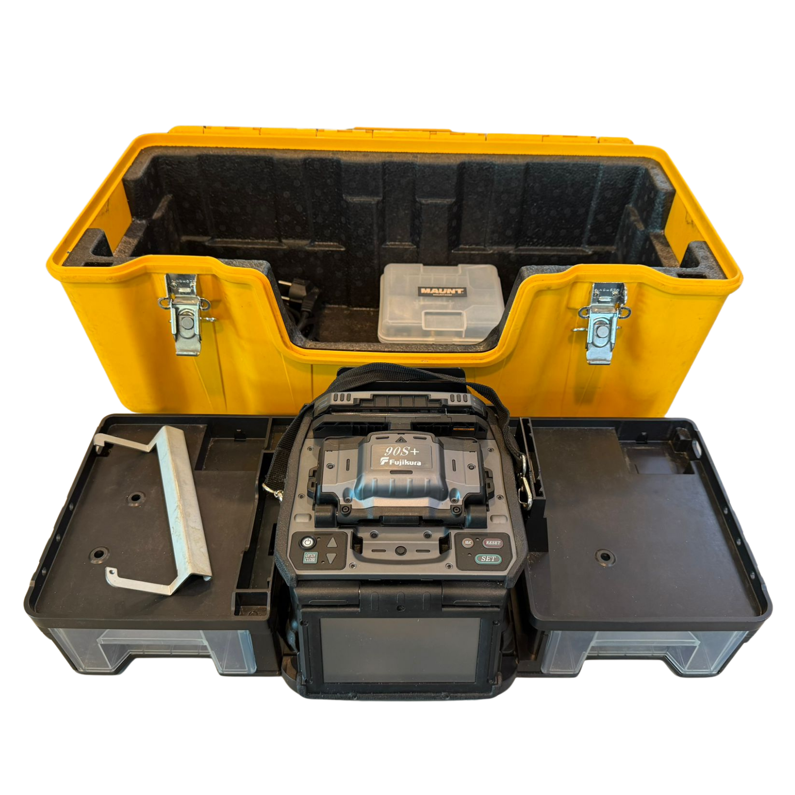 Used fusion splicer, 90S+, 12,359 splices, manufactured in 2023, includes CT-50 Cleaver, Fujikura