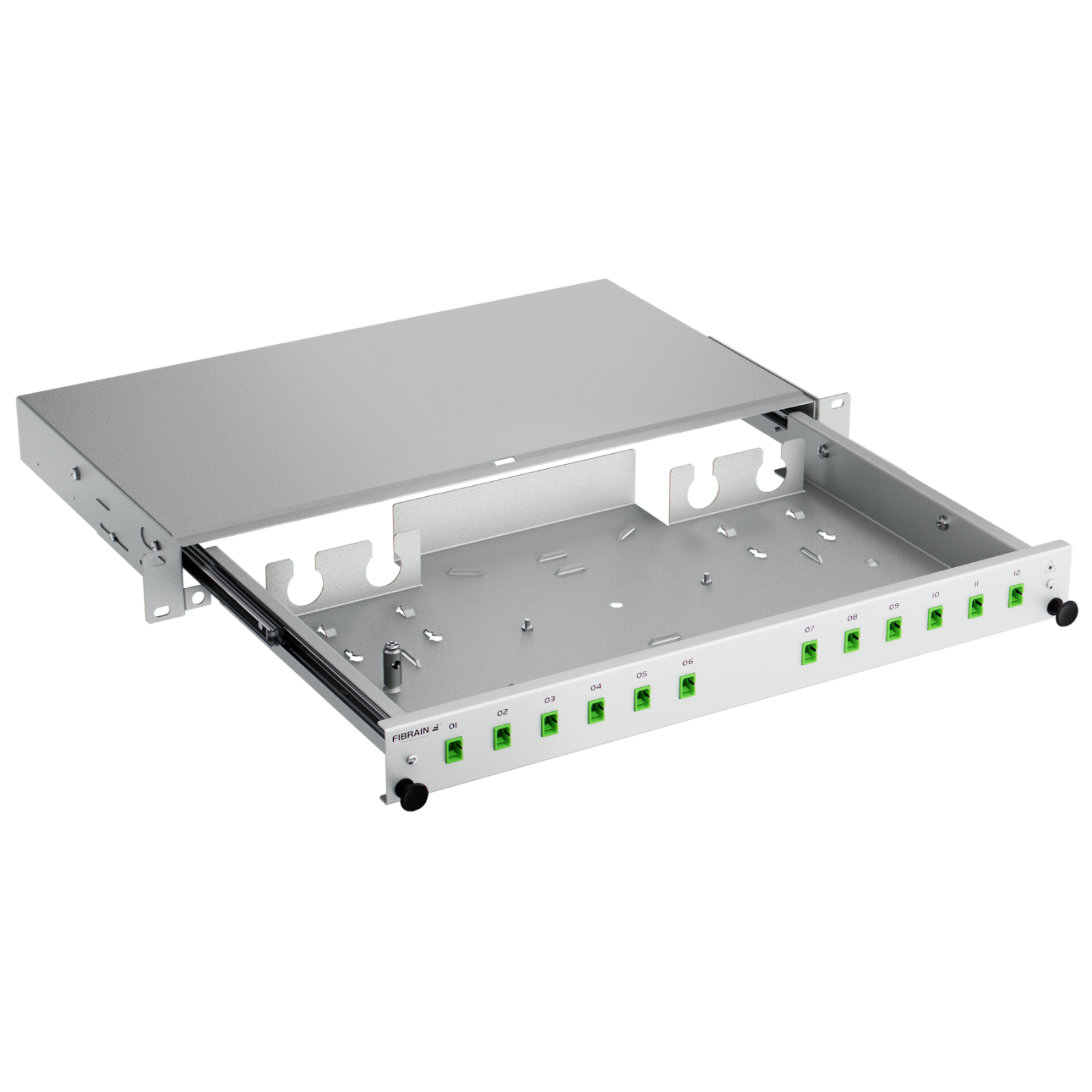 Patch panel, 1U, empty, 19-inch, gray, Fibrain