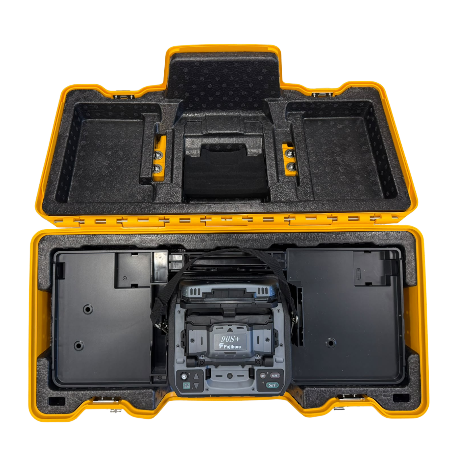 Used fusion splicer, 90S+, 15,639 splices, manufactured in 2023, includes CT-50 Cleaver, Fujikura